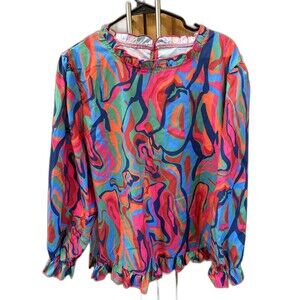 Women Blouse 2XL XXL Multicolor Marbled Long Sleeve Keyhole Neck Top Ruffles